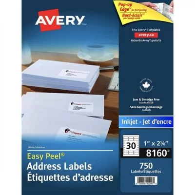 Étiquettes Avery®, jet d'encre, 2-5/8 x 1 po., 08160