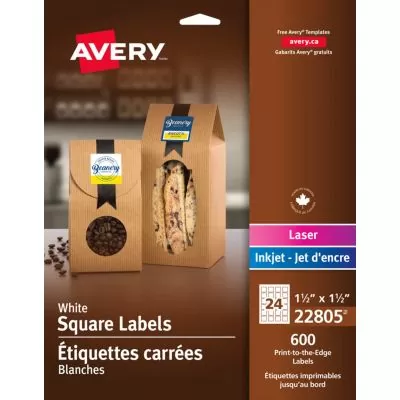 Étiquettes carrés Avery, 1-1/2 x 1-1/2 po, 22805