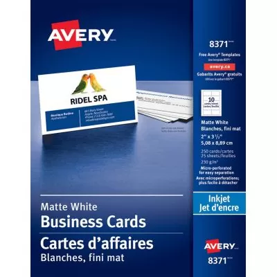 Cartes d'affaires pour jet d'encre d'Avery, blanc 2 x 3-1/2", pqt de 250, 08371